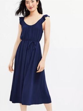 LOFT Navy Blue Ruffle-Sleeve Midi Dress - XL